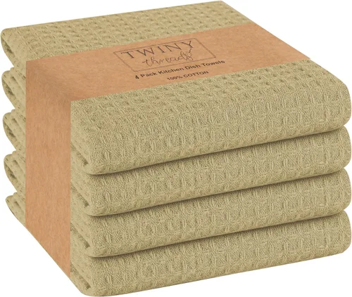 Vista 22 de TWINY - Juego de 6 toallas de cocina, 100% algodón suave, tejido de gofre, paños de cocina y platos con lazo para colgar, reutilizables para Beige