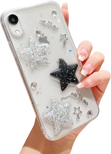 Vista 8 de Funda compatible con iPhone 6, iPhone 6s para mujeres y niñas, bonita funda protectora de TPU suave con purpurina y estrellas 3D con perlas