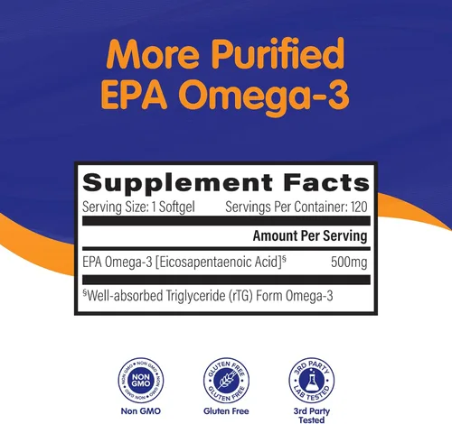 Vista 3 de OmegaVia Aceite de pescado EPA 500 Omega-3, 120 cápsulas, 500 mg de EPA/píldora, fórmula EPA de alta pureza (forma de triglicérido), certificado