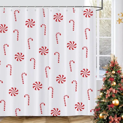 GOOESING Cortina de ducha de Navidad con bastón de caramelo, cortinas de ducha para decoración de bañera con ganchos, 60 x 72 pulgadas