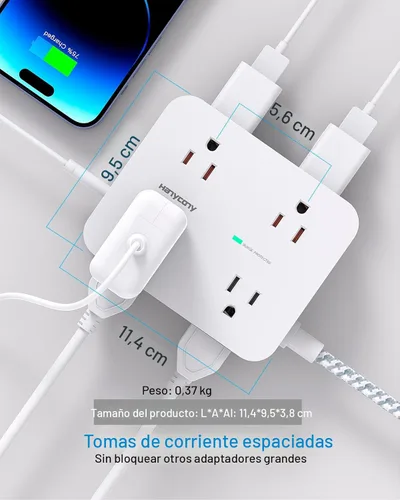 Vista 4 de Protector de sobretensiones y tira de alimentación - HANYCONY 8 salidas 4 puertos de carga USB (2 USB C), extensor de enchufe múltiple, cable