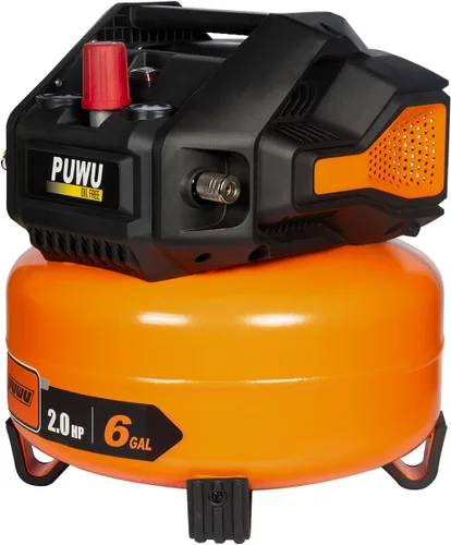 Compresor de aire libre de aceite de 6 galones, 2 HP, 150 PSI, estilo panqueque silencioso portátil con medidores de presión duales, válvula de