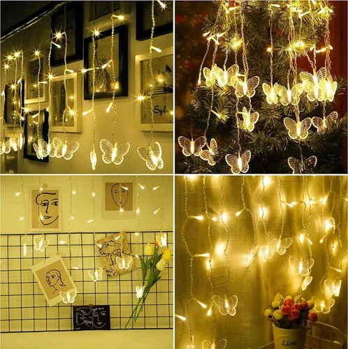 Vista 2 de Cortina de luces de mariposa de 20 pies, 120 luces LED para ventana, luces de hadas USB, 24 mariposas, 8 modos con control remoto para habitación