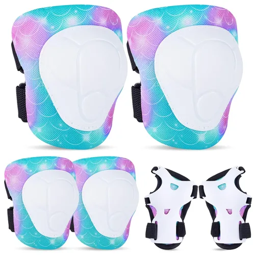 Vista 12 de FIODAY Rodilleras para niños, conjunto de equipo de protección ajustables para niños, rodilleras y coderas con protector de muñeca para niñas