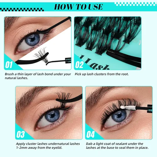 Vista 6 de Kit de racimos de pestañas 280 piezas, kit de extensión de pestañas 60D 80D, adhesivo y sello de pestañas impermeables, removedor de pestañas