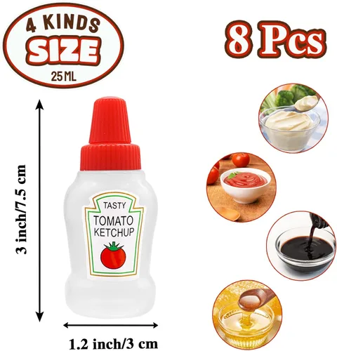 Vista 2 de Niurewan 8 mini botellas de ketchup de 0.8 onzas líquidas, botella de plástico portátil para adultos, oficina, lonchera, picnic, aceite, salsa