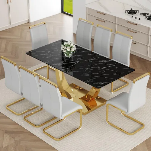 Vista 44 de Juego de Mesa de Comedor Negra para 6, Mesa de Comedor de Mármol Falso de 71" para 6, Juego de Mesa de Cocina Rectangular con Sillas de Cuero PU