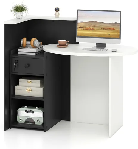 Tangkula Escritorio de recepción, mostrador frontal con cajón con cerradura y estante ajustable, escritorio ovalado, mostrador minorista para pagar,