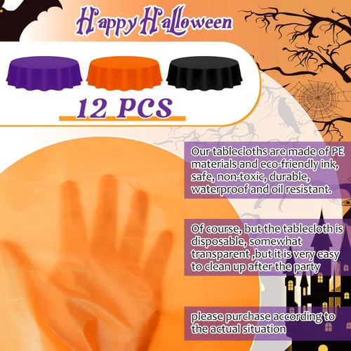 Vista 4 de Amylove Mantel de plástico desechable de Halloween para mesas redondas, impermeable, para fiestas y decoraciones de Halloween, 84 pulgadas, negro