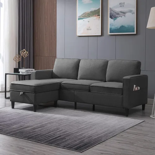 Mjkone Sofá modular para sala de estar | Sofá convertible de 3 plazas con 2 bolsillos laterales | Sofá modular moderno con otomana de almacenamiento