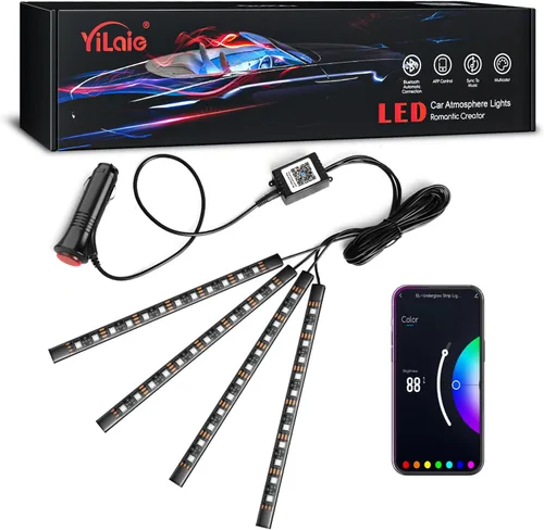 Vista 10 de YiLaie Luces interiores de automóvil, luces interiores inteligentes para automóvil con control de aplicación, kit de iluminación interna de neón