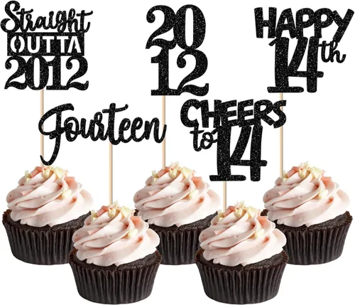 Vista 92 de 30 piezas de decoraciones para pastel de cumpleaños número 10, decoraciones de cupcakes negras con brillo, 10 feliz cumple, directo desde 2016, 10