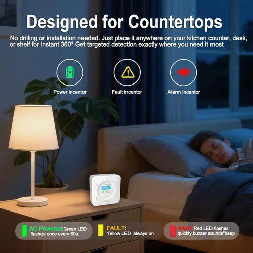 Vista 4 de Paquete de 3 detectores de monóxido de carbono, pantalla LCD, concentración en tiempo real, falla de batería, LED, 60 segundos, historial