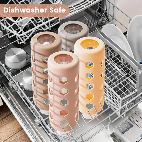 Vista 6 de Mrsdry Botellas de jugo de vidrio con tapas y fundas de silicona de 18 onzas, paquete de 4 botellas de agua reutilizables de vidrio transparente