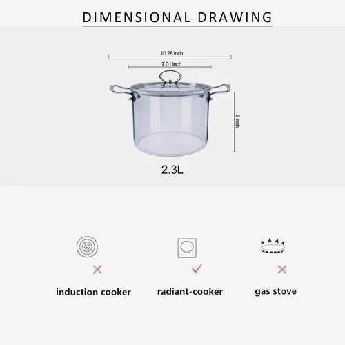 Vista 3 de ABHOME - Cacerola de vidrio con tapa para cocinar, olla de vidrio, resistente al calor, acero inoxidable, doble asa, cristalería transparente