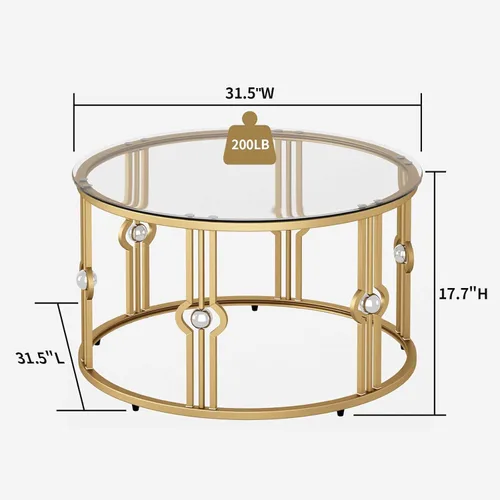 Vista 2 de OIOG Mesa de centro de cristal para sala de estar, mesa de centro dorada con vidrio templado, mesa de centro redonda para oficina