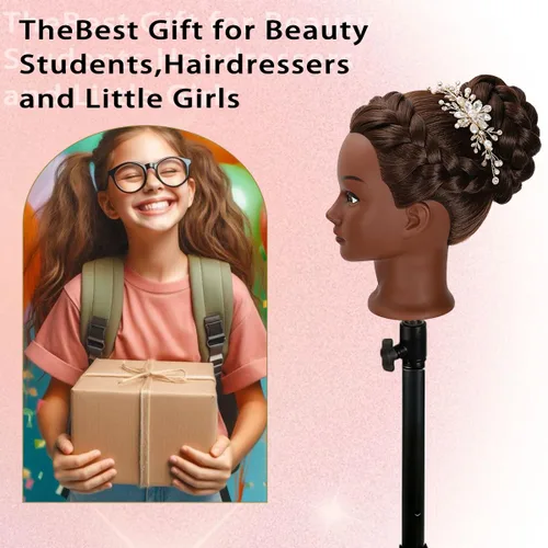 Vista 6 de Cabeza de maniquí con 80% de cabello humano para práctica de peinado, 66-71 cm de cabello liso, cabeza de entrenamiento para cosmetología, barbería