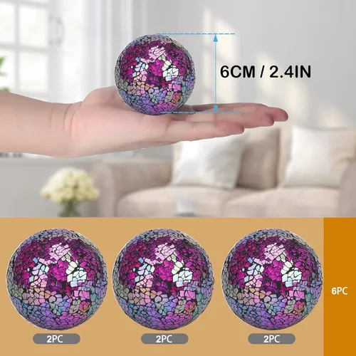 Vista 2 de Juego de 6 bolas decorativas, 6 cm / 2.4 pulgadas, bolas de mosaico de cristal rojo brillante para decorar cuencos, jarrones, mesas, bodas, fiestas