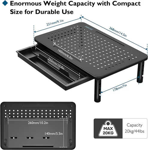 Vista 5 de BONTEC Paquete de 2 soportes elevadores ajustables para monitor con cajón, plataforma de malla ergonómica para computadora de escritorio, portátil