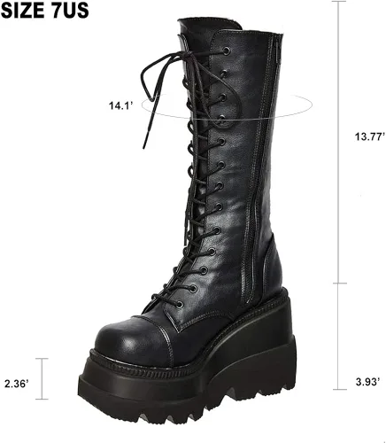 Vista 7 de CELNEPHO - Botas para mujer estilo de combate punk de plataforma alta hasta mitad de la pantorrilla de cuña con tacones altos y gruesos con puntera