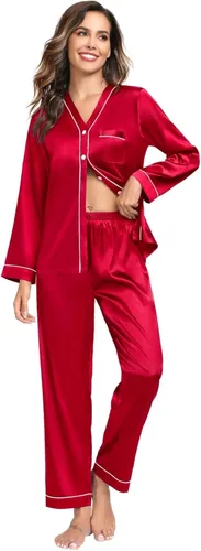 Vista 2 de SWOMOG Conjunto de pijama a juego para parejas, ropa de dormir de satén de manga larga con botones, ropa de dormir suave de 2 piezas
