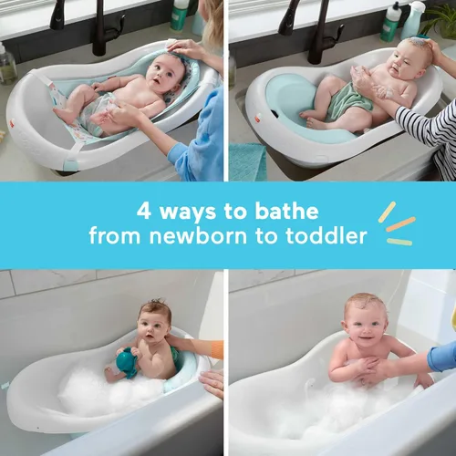 Vista 4 de Fisher-Price Bañera de bebé a niño pequeño 4 en 1 con soporte extraíble para bebés y 2 juguetes, Pacific Pebble