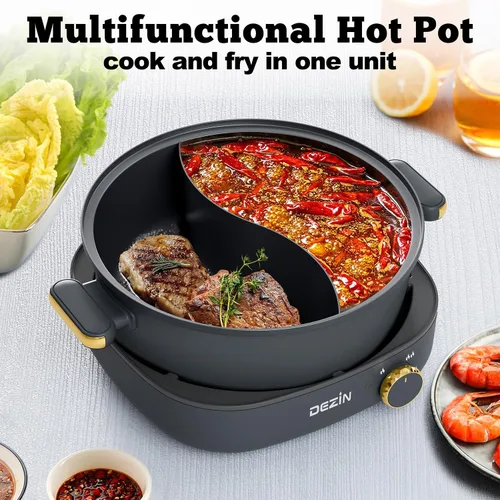 Vista 7 de Dezin Olla Caliente Eléctrica con Divisor, Shabu Shabu Eléctrico de 4L con Olla de Doble Sabor, 3.7" de Profundidad Antiadherente de Doble Lado