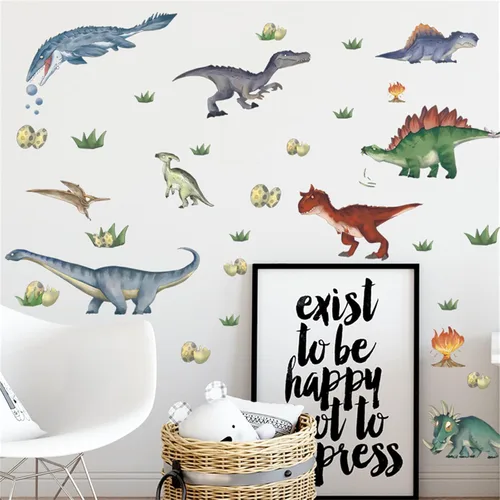 Vista 3 de Calcomanía de pared de dinosaurios de animales de dibujos animados, calcomanías de pared de hojas de huevos de dinosaurio, decoración de pared
