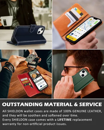 Vista 9 de SHIELDON Funda para iPhone 14 5G 2022, piel auténtica para iPhone 14 con función atril, bloqueo RFID, tarjetero magnético a prueba de golpes