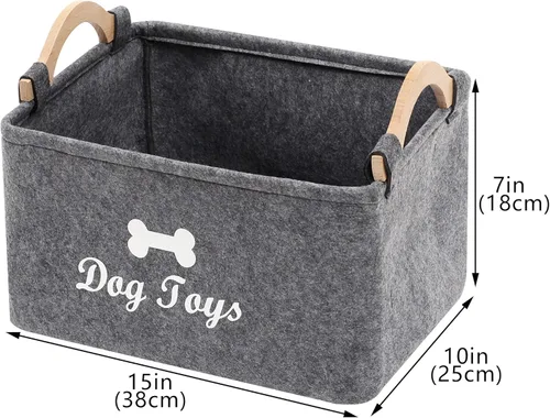 Vista 8 de Geyecete Cesta plegable para juguetes para perros con mango de madera, gran contenedor de almacenamiento de suministros para mascotas gris oscuro