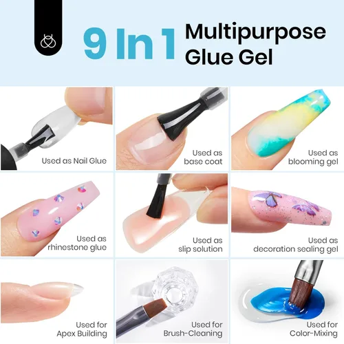 Vista 4 de Beetles 9 en 1 Pegamento de Gel para Uñas de Acrílico, 2 Piezas de 10ml Super Fuerte Pegamento de Uñas para Puntas de Uñas Postizas Transparentes