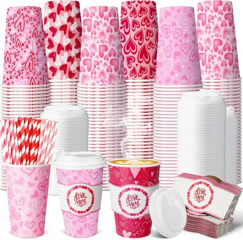 Vista 22 de Jingmore 48 juegos de tazas de café de papel desechables de 16 onzas con tapas, fundas para pajitas, vasos de papel para bebidas frías calientes