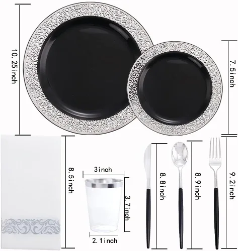 Vista 2 de LIYH 350 platos de plástico negro y plateado, juego de vajilla de plástico plateado, cubiertos desechables, platos negros con servilletas