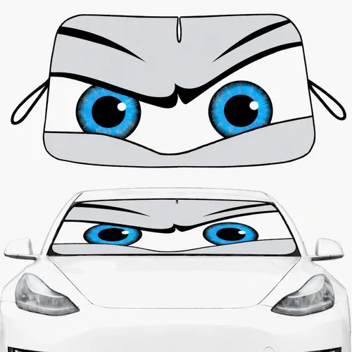 Vista 17 de Parasol para parabrisas de automóvil, ojos divertidos de automóvil, visera solar resistente al desgaste con cinta negra, plegable 63.7" L x 32" W