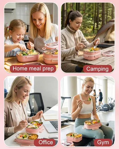 Vista 7 de Lille Home Lonchera apilable de acero inoxidable de 2 niveles, contenedor de almuerzo a prueba de fugas de gran capacidad de 56 onzas, lonchera de 4