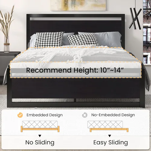 Vista 6 de SHA CERLIN Marco de cama tamaño completo con cabecera moderna, base de plataforma de metal resistente con pie de cama cuadrado y soporte de 13 Negro
