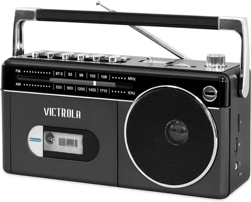 Victrola Mini Boombox Bluetooth con reproductor de cassette, grabadora y radio Am/FM, gris