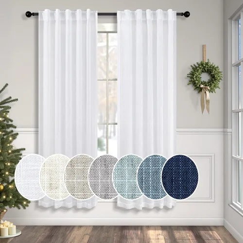 Vista 92 de Cortinas de lino natural semitraslúcidas Pitalk de 36 pulgadas de ancho para sala de estar, juego de 2 paneles con pestaña trasera, cortinas