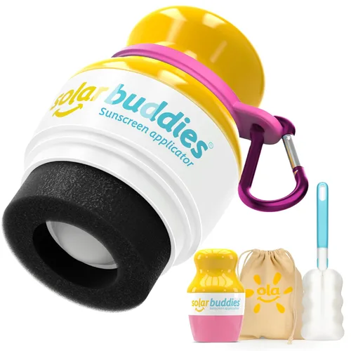 Vista 11 de Solar Buddies Paquete de viaje Grab & Go, clip de carabina y cepillo de limpieza, protector solar de esponja recargable, aplicador de crema solar