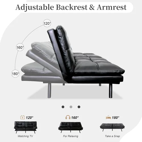 Vista 3 de Opoiar Sofá cama de cuero tipo futón convertible de espuma viscoelástica, sofá biplaza moderno con reposabrazos y respaldos ajustables para espacios