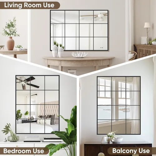Vista 8 de Suidia Espejo de pared, espejos decorativos de ventana de 24 x 36 pulgadas, marco de metal, decoración de pared para dormitorio, sala de estar, Negro