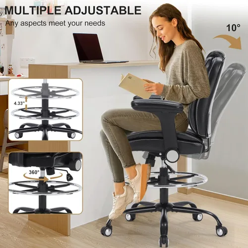 Vista 7 de Silla de dibujo, silla de oficina alta ergonómica con reposabrazos ajustables suaves y anillo para el pie, silla de escritorio de pie de piel