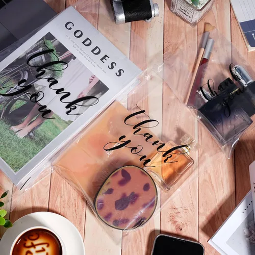 Vista 5 de Yeaqee 200 bolsas transparentes de agradecimiento para mercancía con asas troqueladas, bolsas de regalo de agradecimiento reutilizables