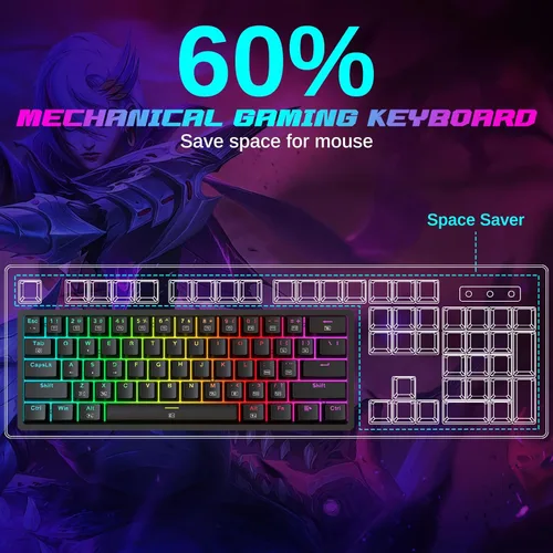 Vista 2 de Teclado mecánico al 60%, mini teclado para juegos con cable, compacto 60%, retroiluminación RGB, interruptor rojo intercambiable en caliente