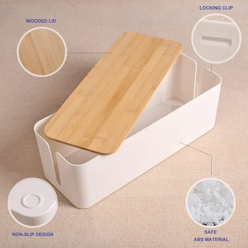 Vista 4 de Caja organizadora de cables, caja organizadora de cables grande de estilo de madera blanca para ocultar cables, caja organizadora de cables grande