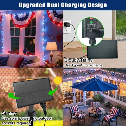Vista 3 de LitHome Guirnalda de 100 luces LED solares de Navidad para exteriores, 33 pies, 34 colores cambiantes, solar/USB, luces solares y blancas, azules
