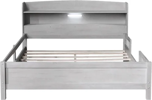 Vista 5 de Moderna plataforma de tamaño matrimonial con cabecera de almacenamiento y barandilla de seguridad para niños, plataforma de madera funcional con luz