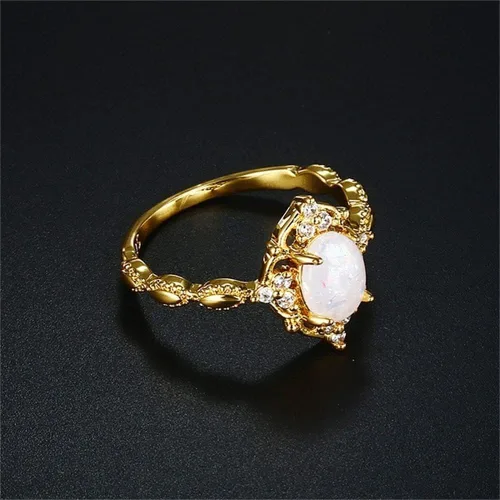 Vista 3 de Anillo de ópalo de forma ovalada chapado en oro amarillo de 18 quilates, anillo de boda de compromiso de eternidad para mujer, ST.238