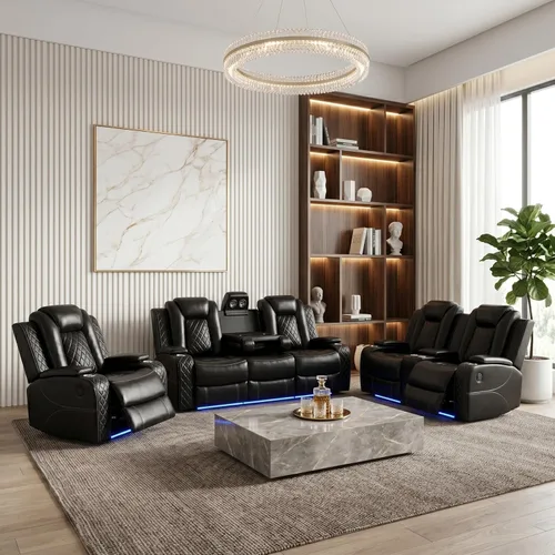 Vista 16 de Juego de sofá reclinable eléctrico de cuero con LED, juego de muebles de sala de estar, juego de sofá de cuero con puerto USB, consola