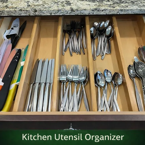 Vista 5 de Separadores de cajones de bambú, paquete de 6 unidades de 2.4 pulgadas de altura ajustable de 12.5 a 17 pulgadas, funciona en cocina, tocador, baño